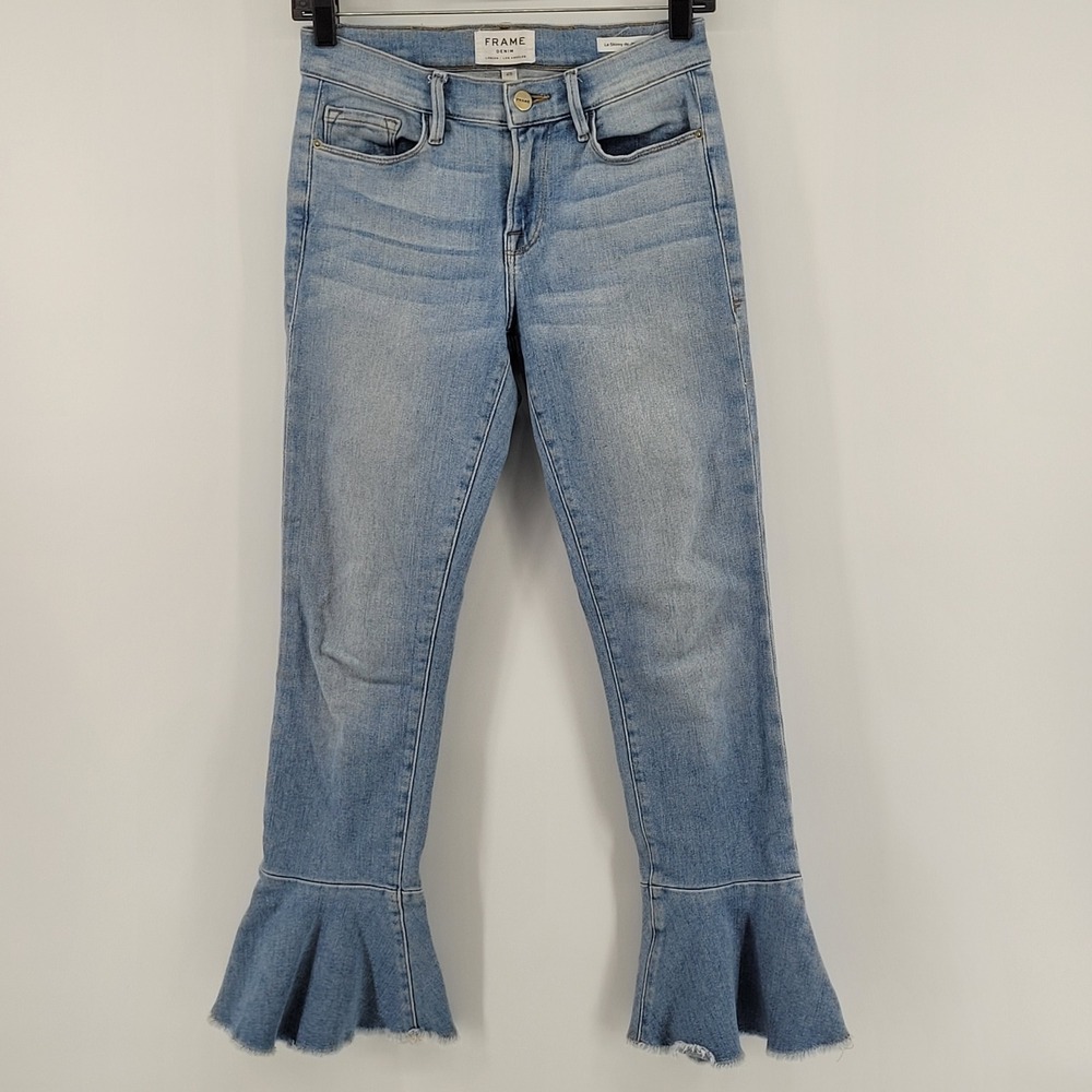 FRAME Le Skinny‎ de Jeanne Jeans Womens 25 Blue Ruffle Hem Cropped Denim Flare